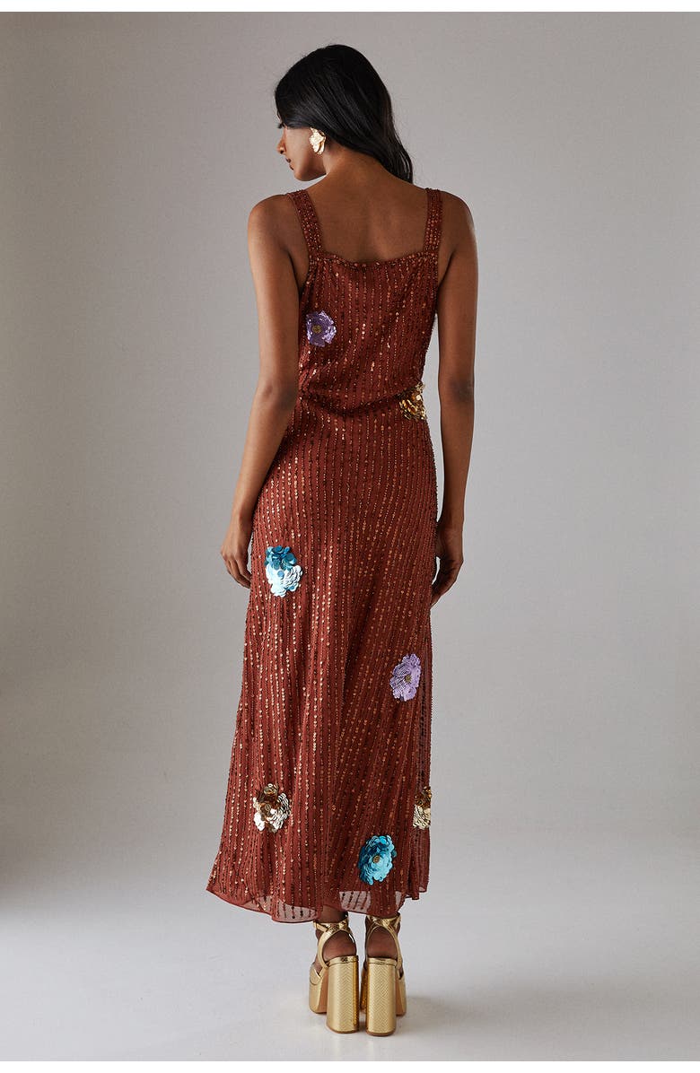 Warehouse Hand Embellished Flower Burst Midi Dress, Alternate, color, Rust