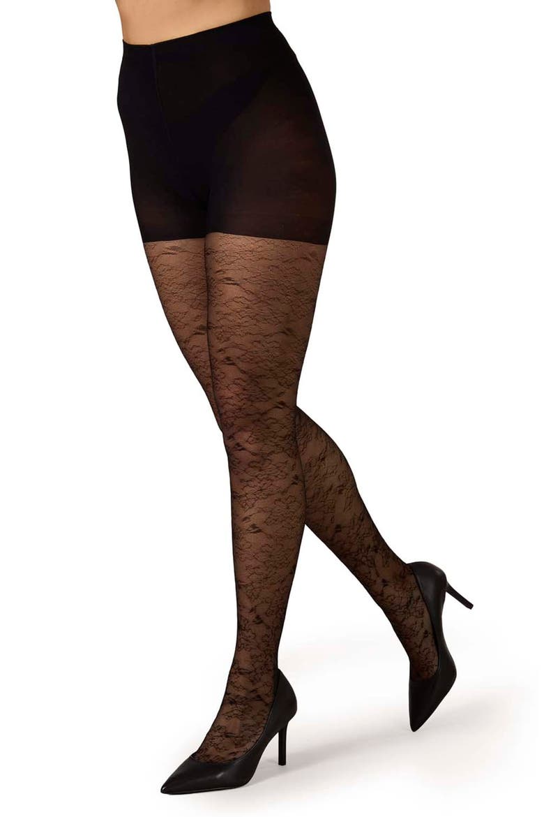 Sketch Floral Sheer Tights, Alternate, color, BLACK