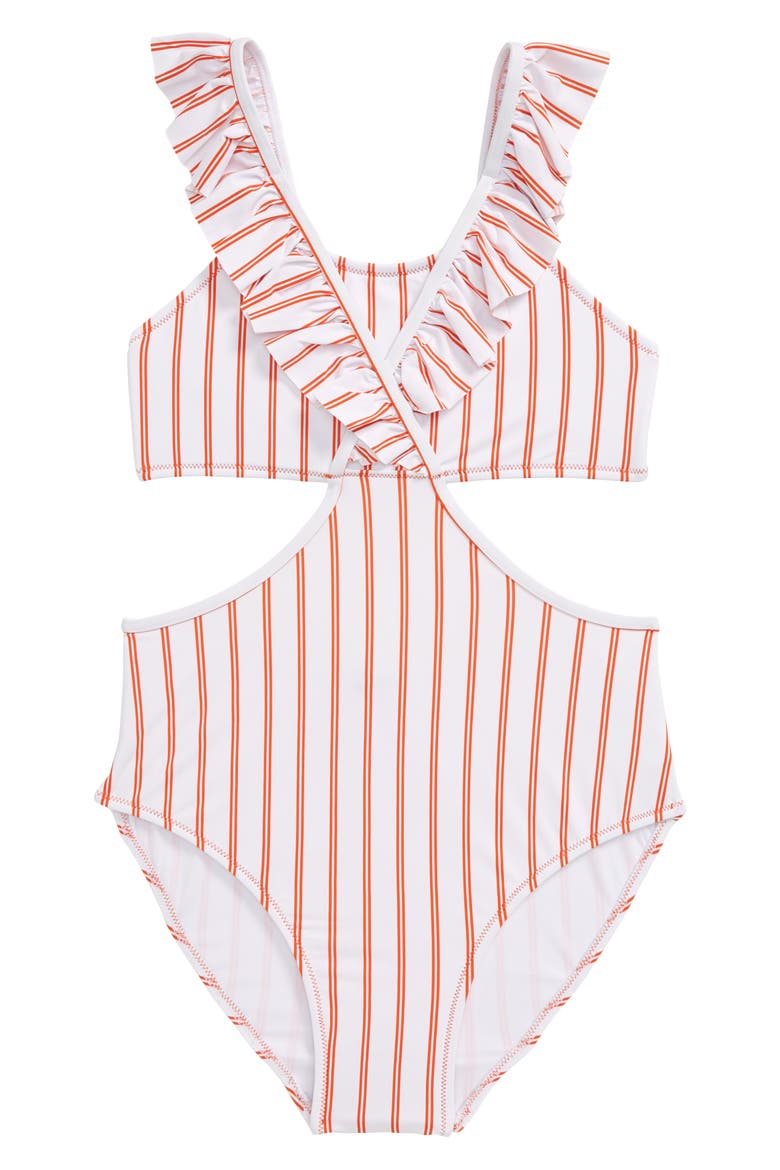 Habitual Ruffle Stripe One-Piece Swimsuit, Main, color, ORANGE