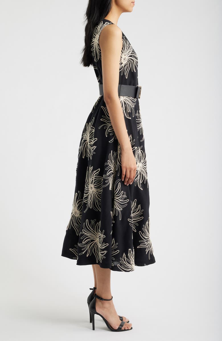 Anne Klein Embroidered Belted Midi Dress, Alternate, color, Anne Black / Ivory