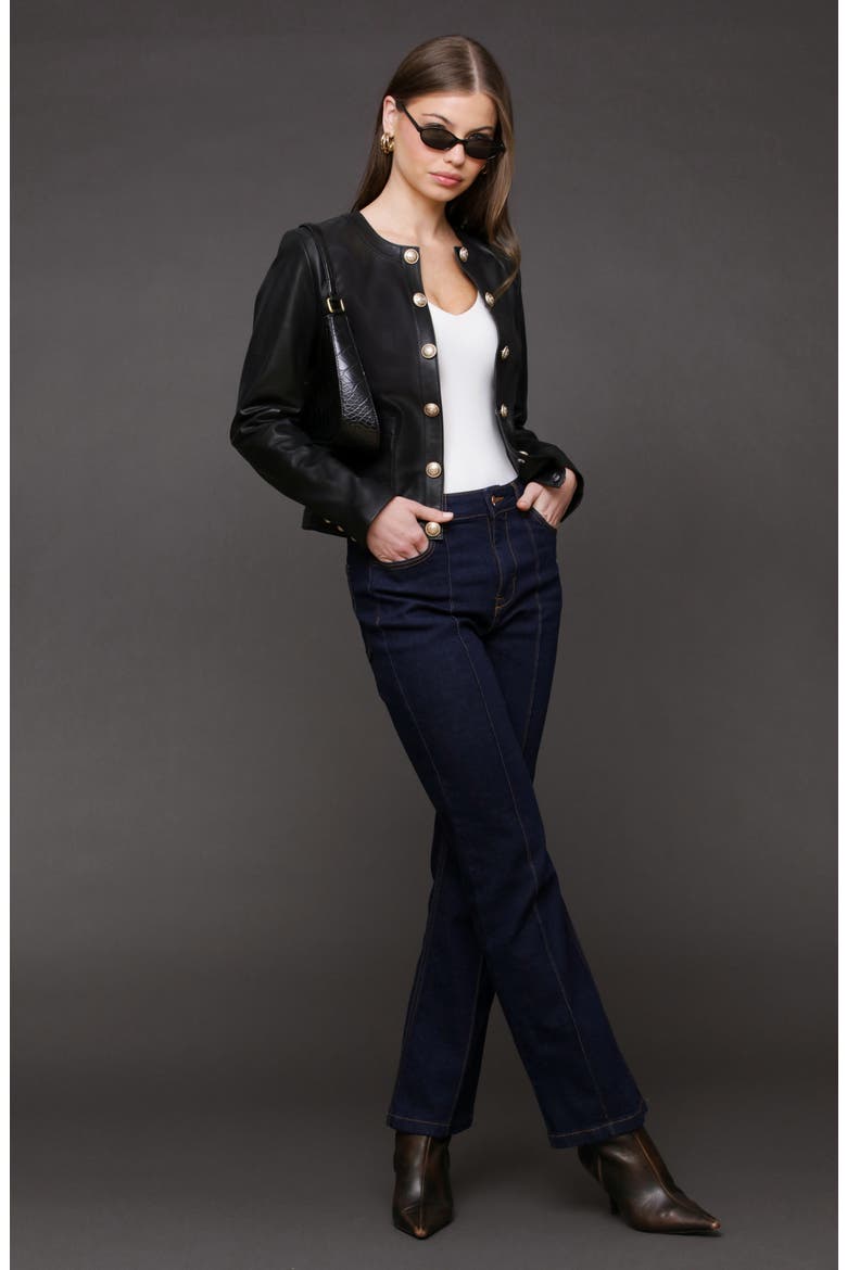 Genuine Leather Collarless Lady Jacket, Alternate, color, BLACK