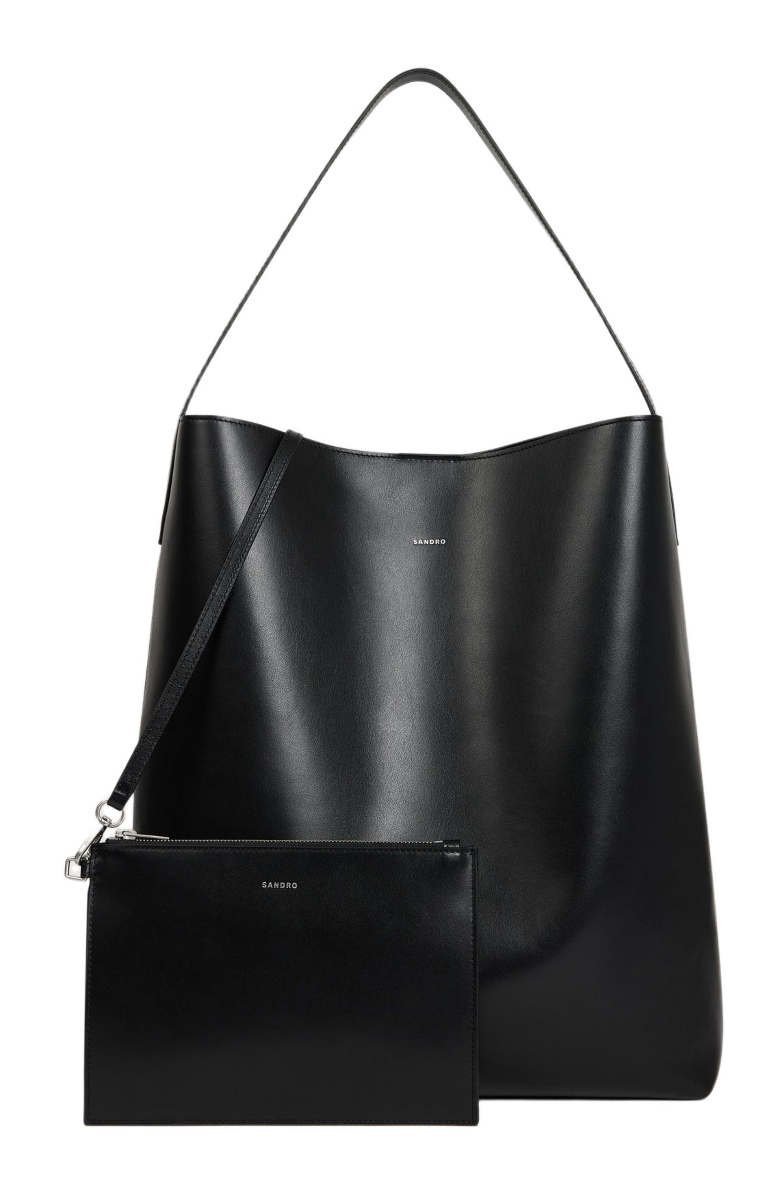 Leather hobo bag with logo, Alternate, color, Black