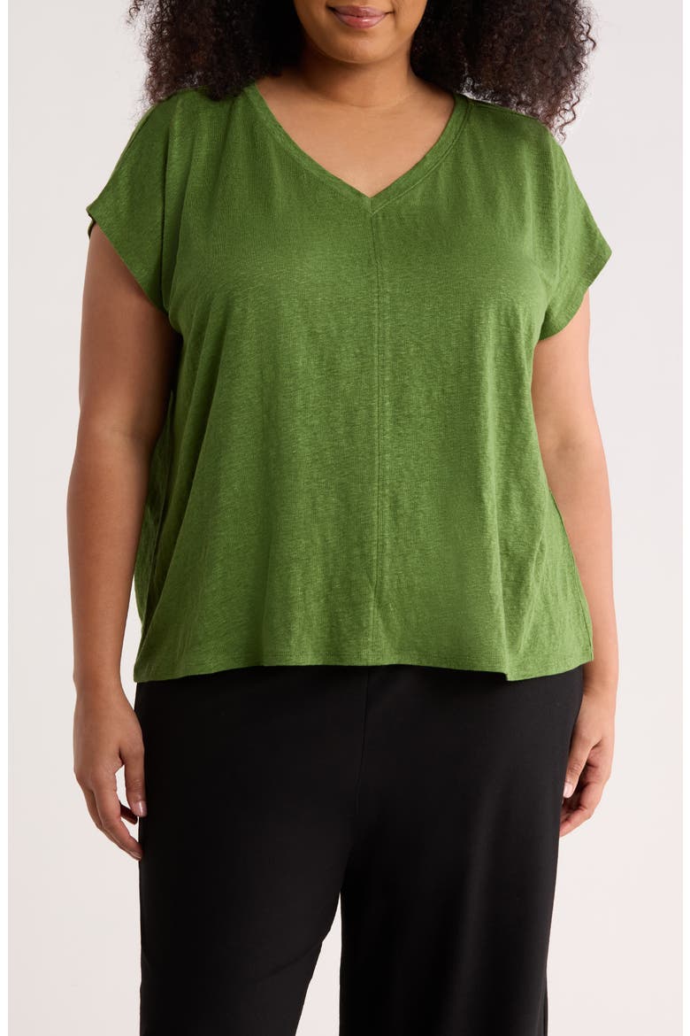 Boxy V-Neck Organic Linen T-Shirt, Main, color, FIELD