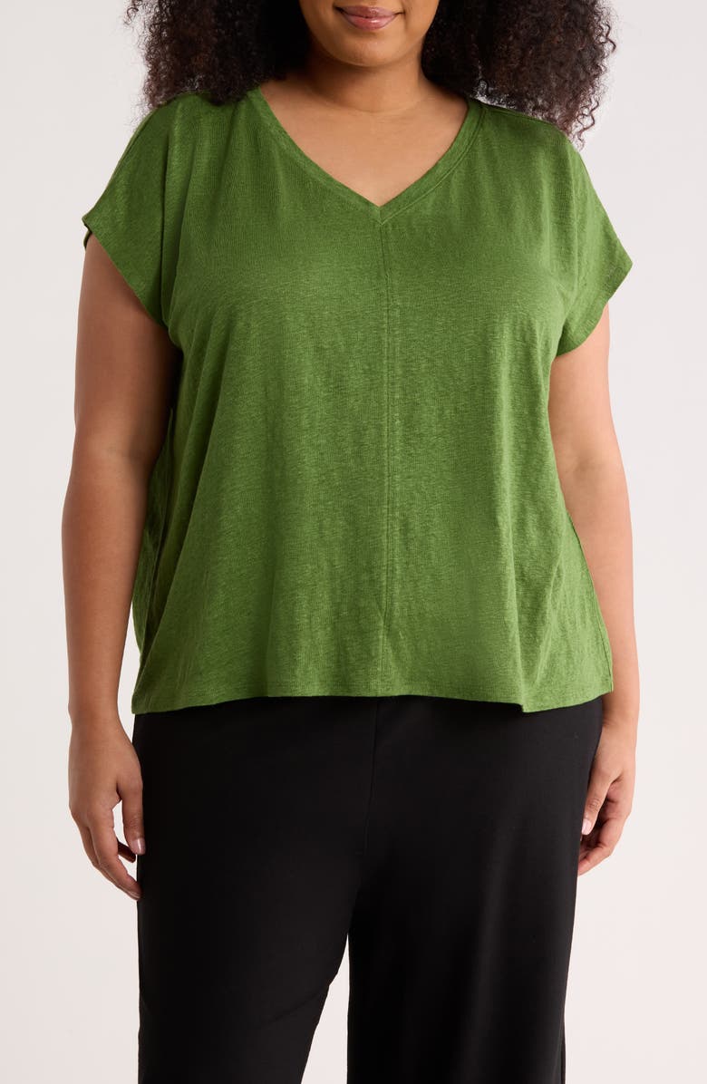 Eileen Fisher Boxy V-Neck Organic Linen T-Shirt, Main, color, Field