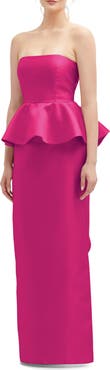 Alfred Sung Strapless Ruffle Peplum Satin Column Gown