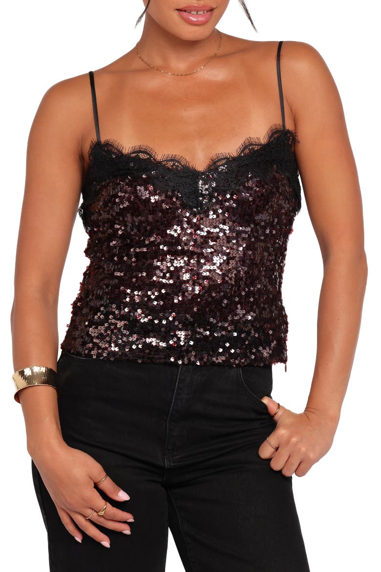 Lace Trim Sequin Camisole, Main, color, BURGUNDY