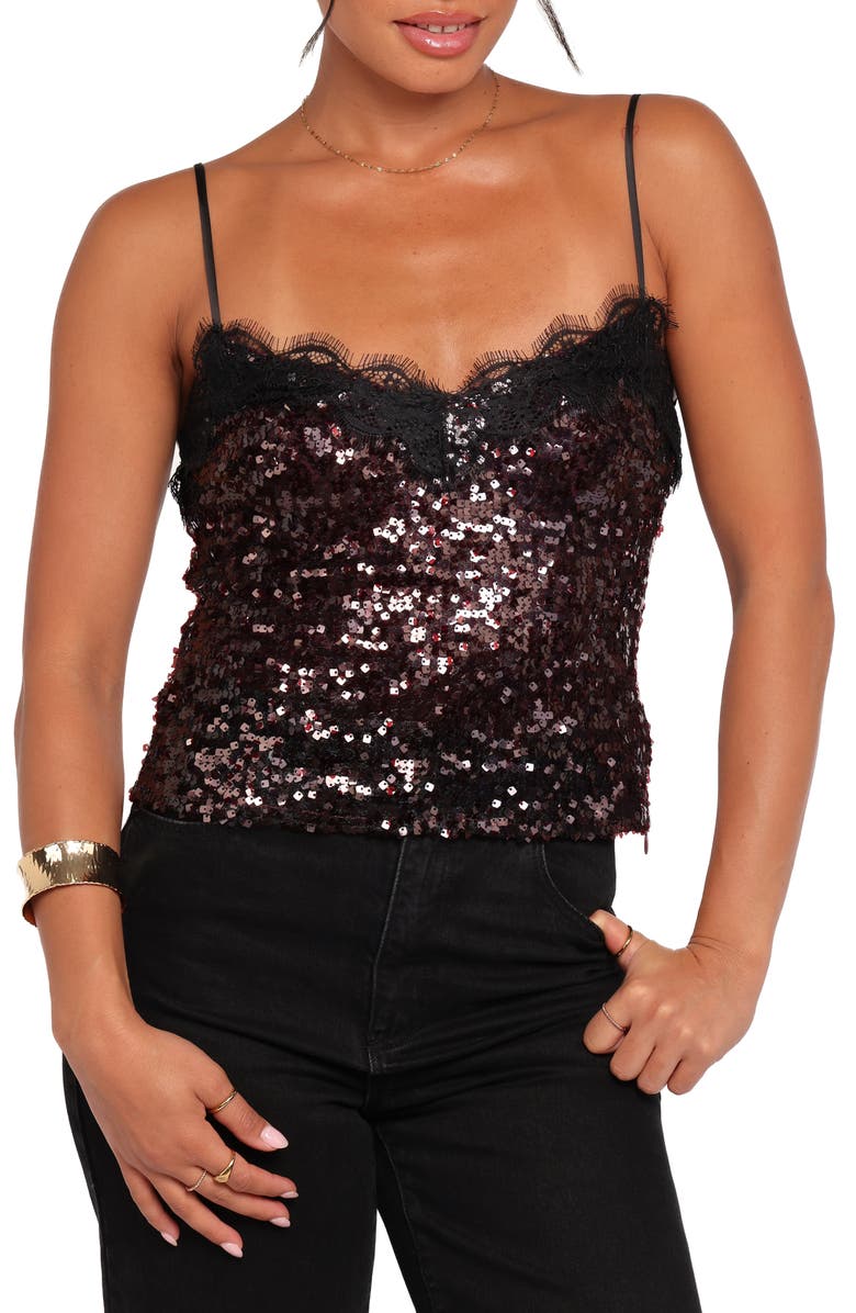 Petal & Pup Lace Trim Sequin Camisole, Main, color, Burgundy