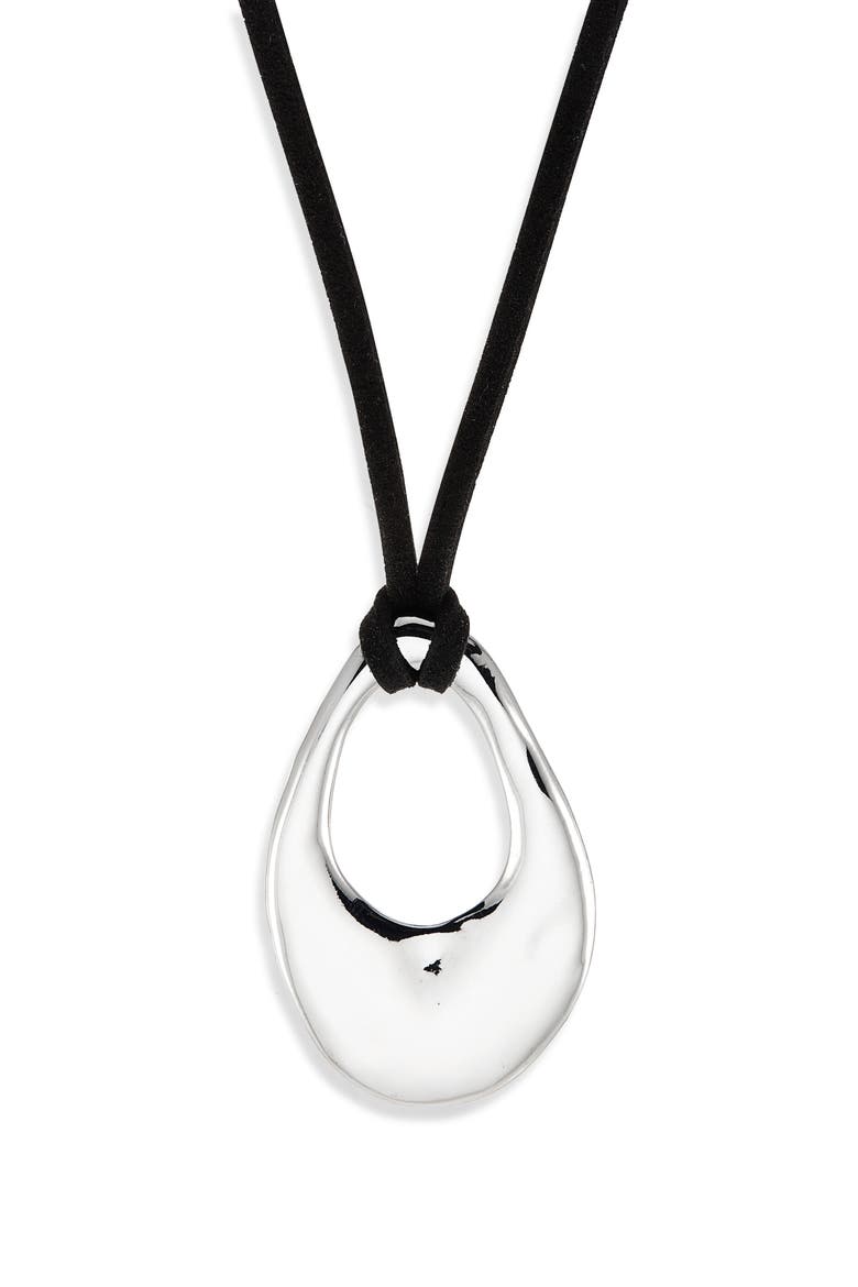 Organic Drop Pendant Faux Suede Cord Necklace, Main, color, BLACK- SILVER