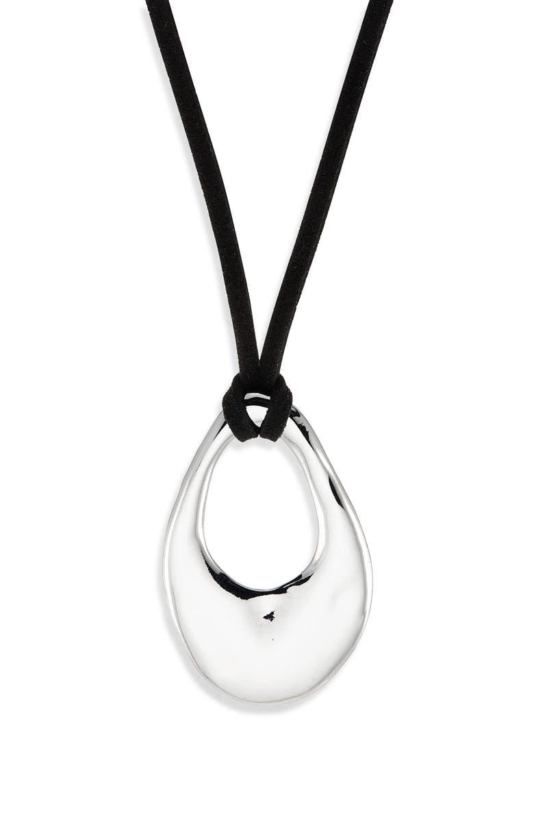 NORDSTROM RACK Organic Drop Pendant Faux Suede Cord Necklace, Main, color, Black- Silver