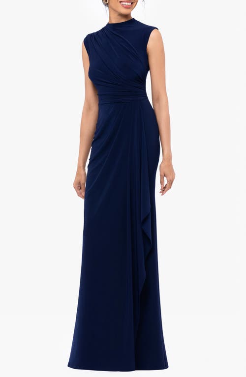 Betsy & Adam Ruched Sleeveless Gown In Blue