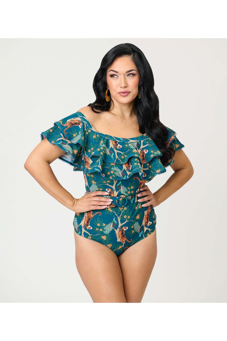 Off Shoulder Nantucket Swimsuit, Main, color, Teal Tiger Print