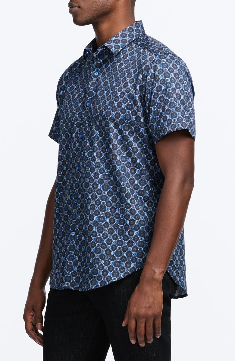Robert Graham Bramston Medallion Print Short Sleeve Stretch Cotton Button-Up Shirt, Alternate, color, Navy