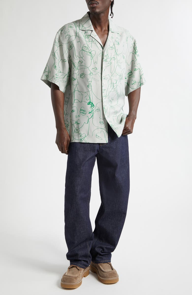 Bottega Veneta Doodle Print Twill Short Sleeve Button-Up Shirt, Alternate, color, 1382 Pearl Grey/ Grass