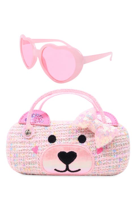 Kids' Winny Tweed Glittery Handle Bear Purse & Heart Sunglasses Set (Big Kid)