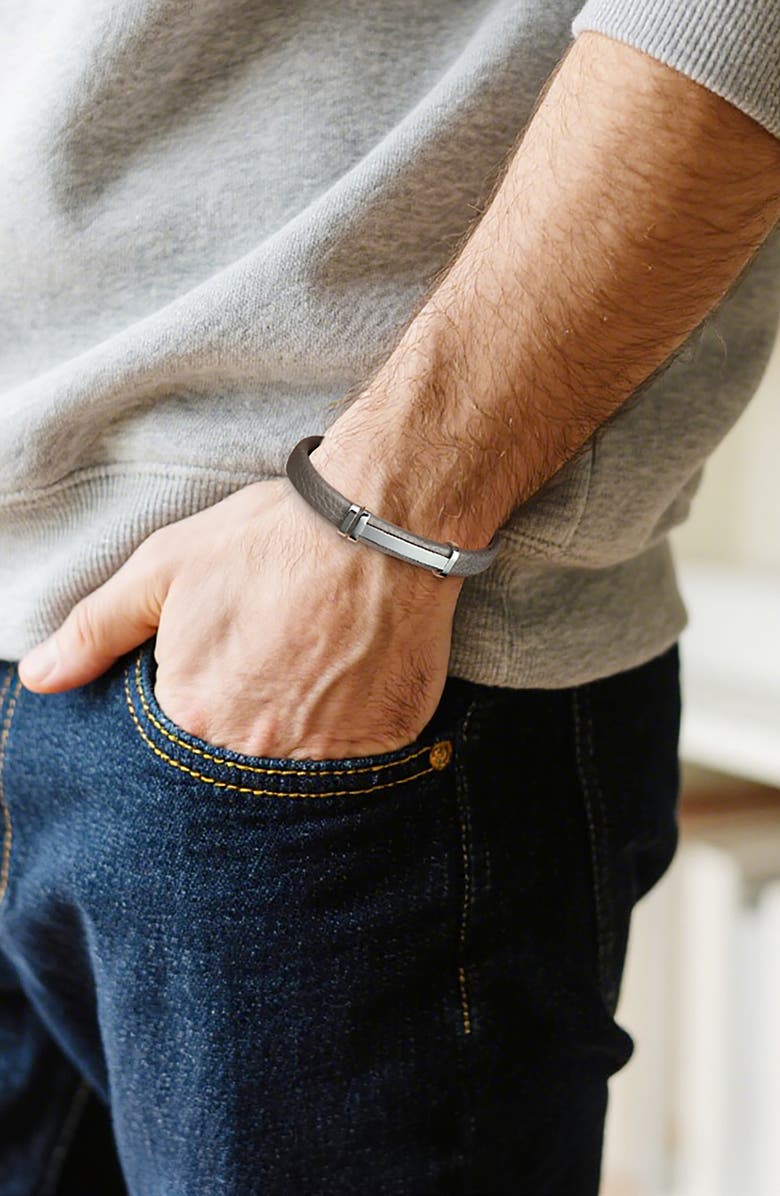 GEOFFREY BEENE Men's Stainless Steel Cutout ID Leather Bracelet, Alternate, color, Grey