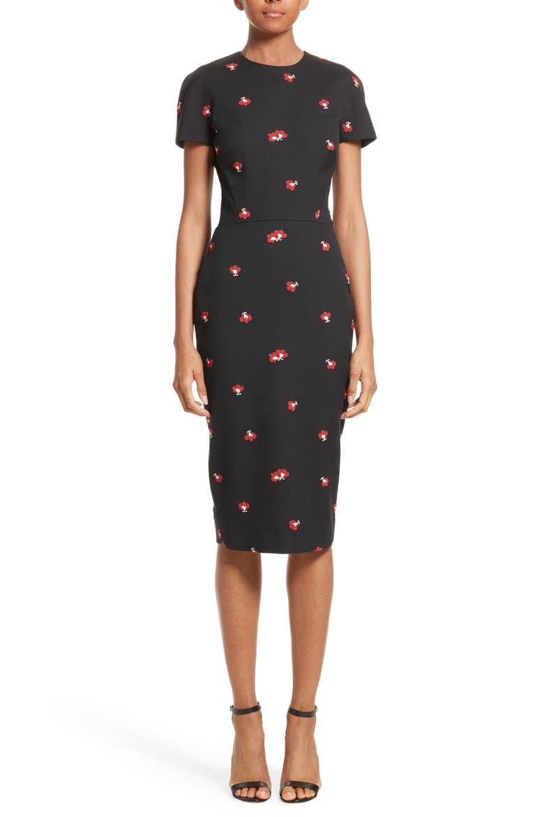 Flower Print Pencil Dress, Main, color, BLACK/ RED