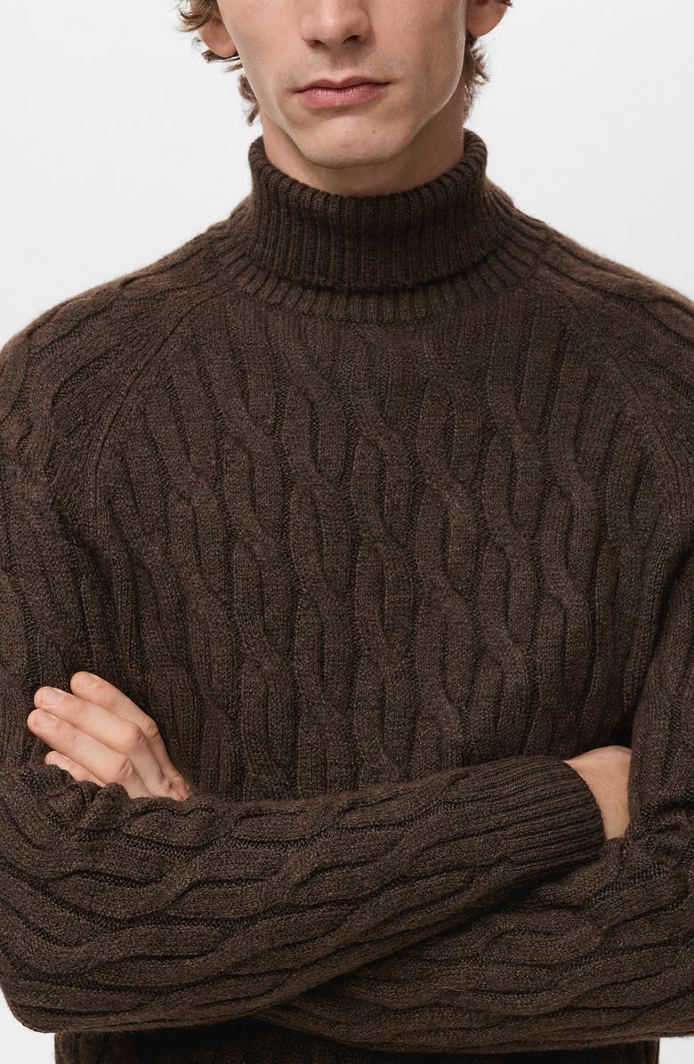 MANGO Cable Stitch Turtleneck Sweater, Alternate, color, Brown