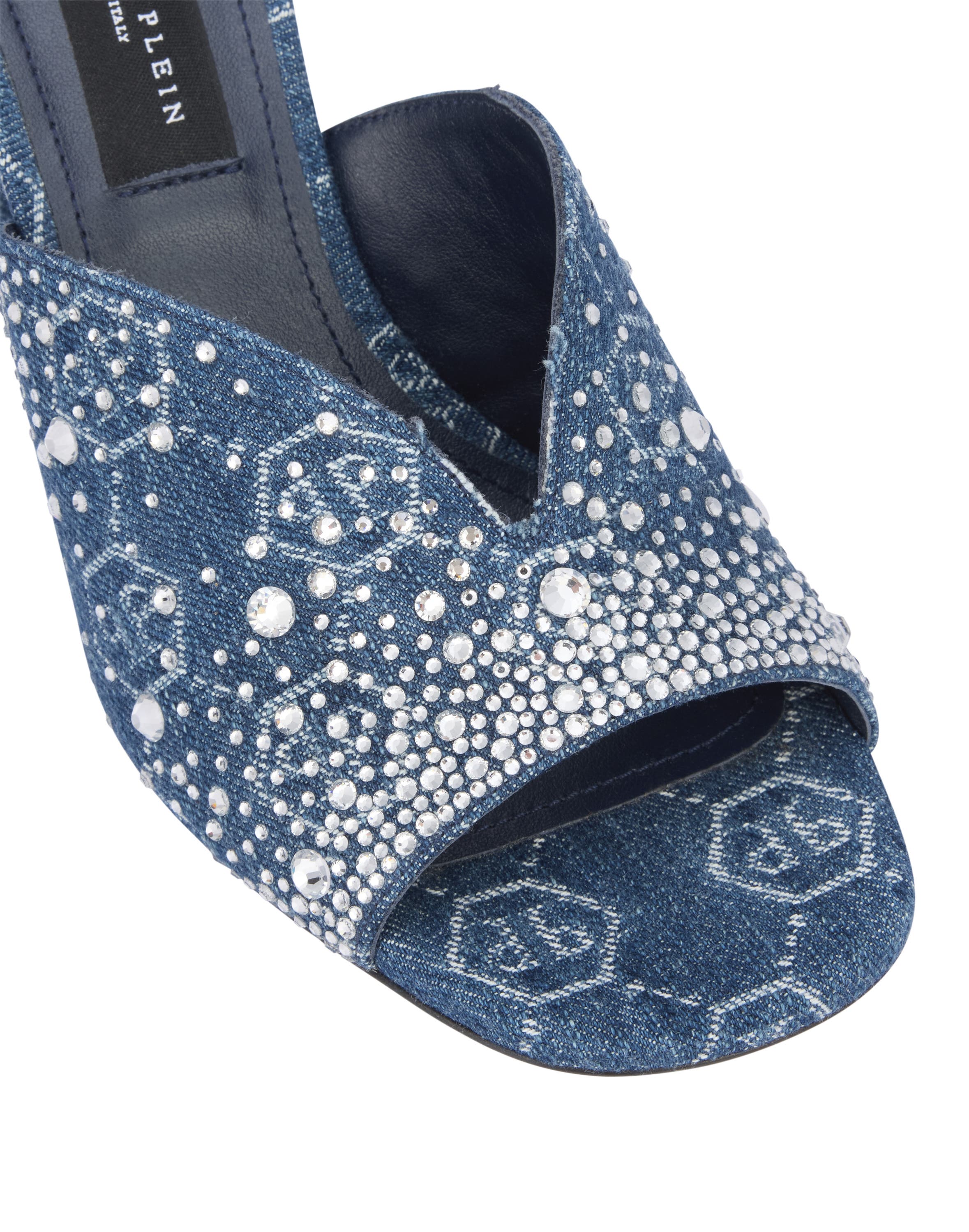 PHILIPP PLEIN Denim Mid Heels Platform Sandals Monogram Strass Women, Alternate, color, Lightblue