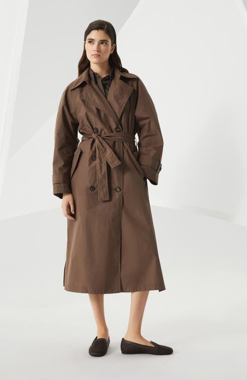 Brunello Cucinelli Brown Water-resistant Taffeta Shiny Details Trench Coat In Cocoa
