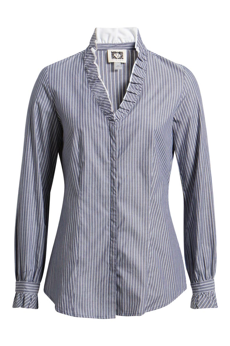 Ruffle Detail Stripe Cotton Button-Up Shirt, Alternate, color, DISTANT MNTN MULTI