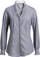 Anne Klein Ruffle Detail Stripe Cotton Button-Up Shirt