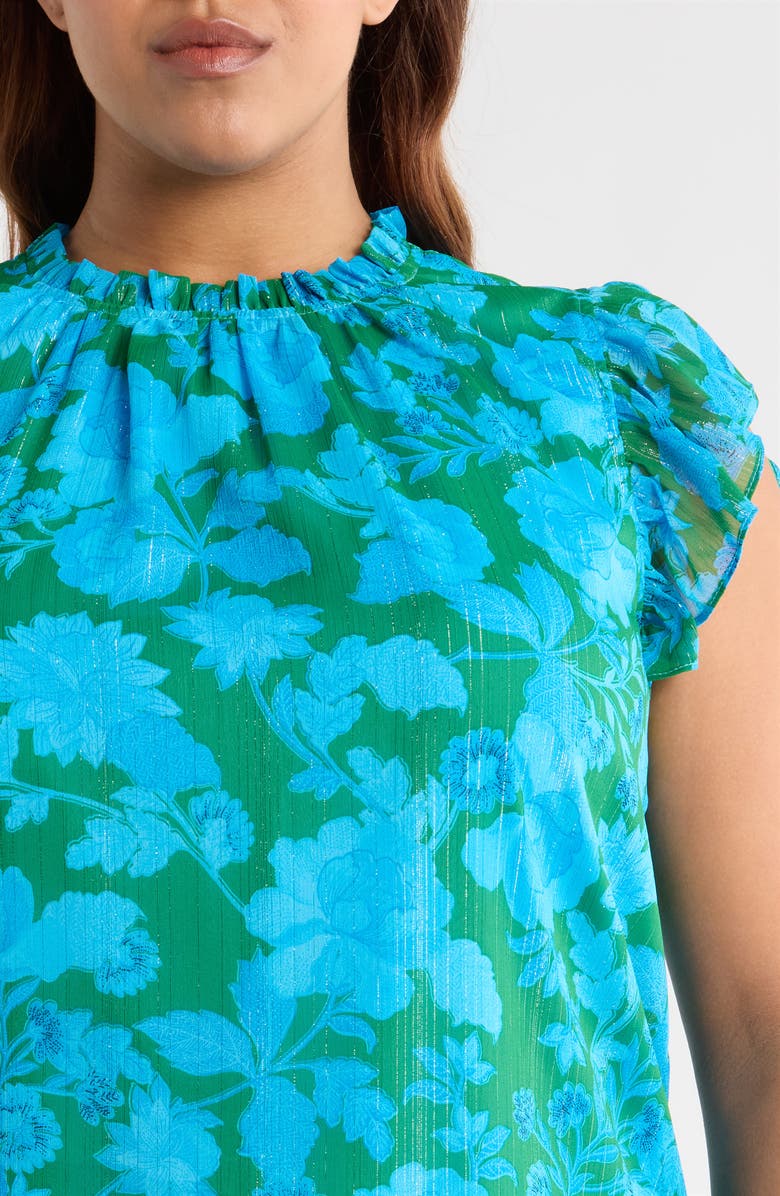 SUGARLIPS Amren Metallic Floral Print Ruffle Top, Alternate, color, Green/ Cerulean Blue