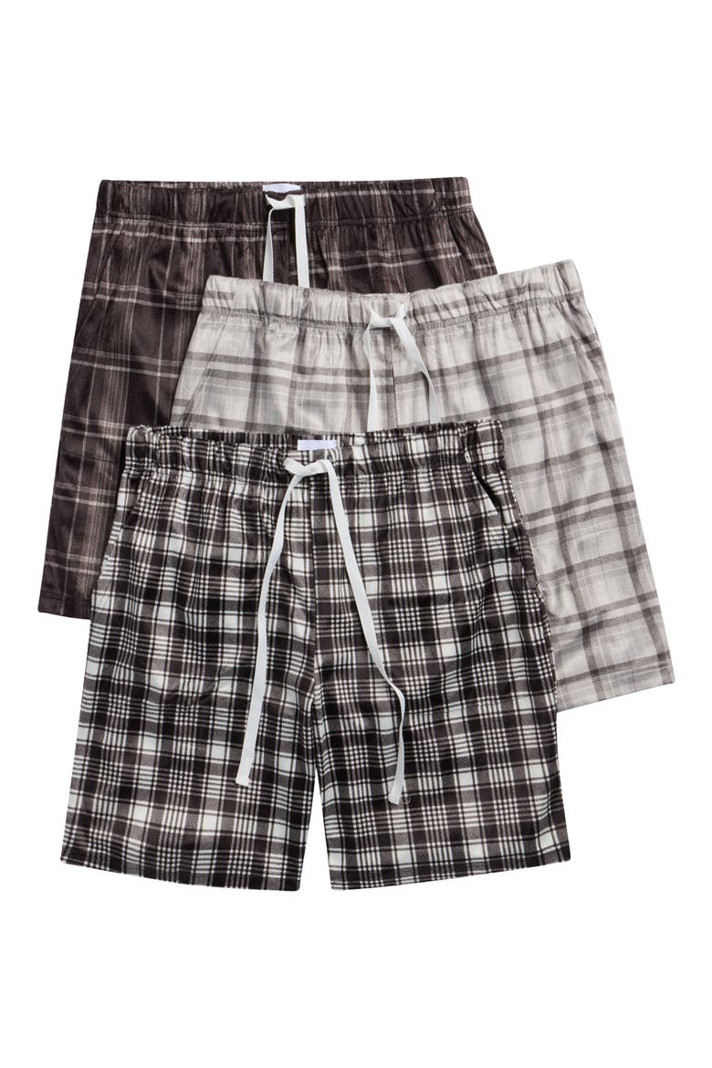 3-Pack Plaid Minky Microfleece Lounge Shorts, Main, color, BLUE/BLACK/BLACK