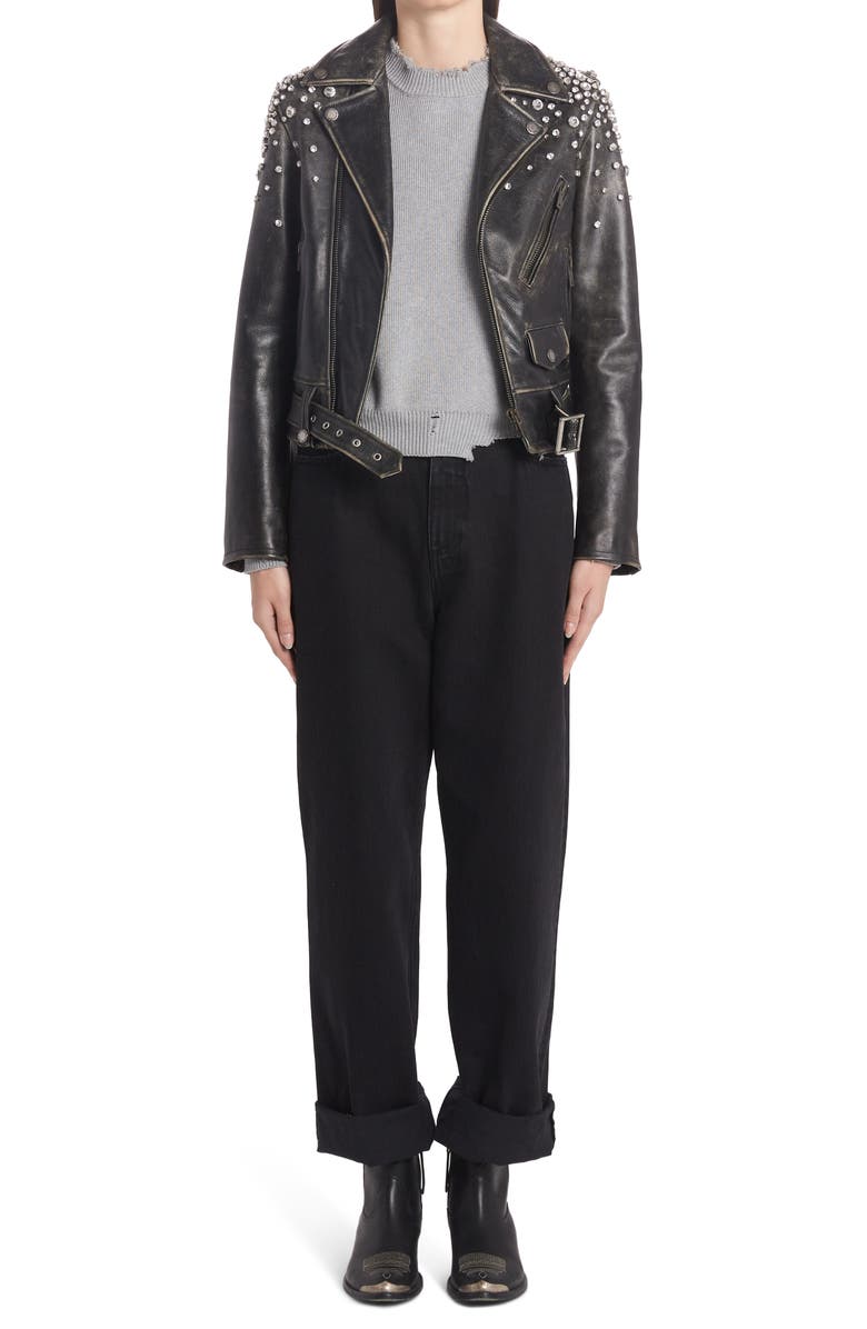 Golden Goose Chiodo Destiny Crystal Embellished Leather Moto Jacket, Alternate, color, Black
