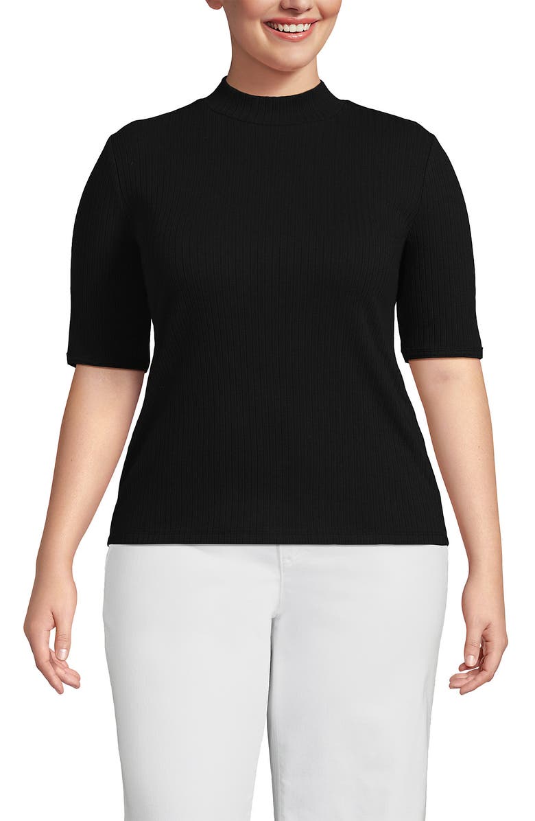 Lands' End Plus Size Elbow Sleeve Pointelle Rib Mock Neck, Main, color, Black