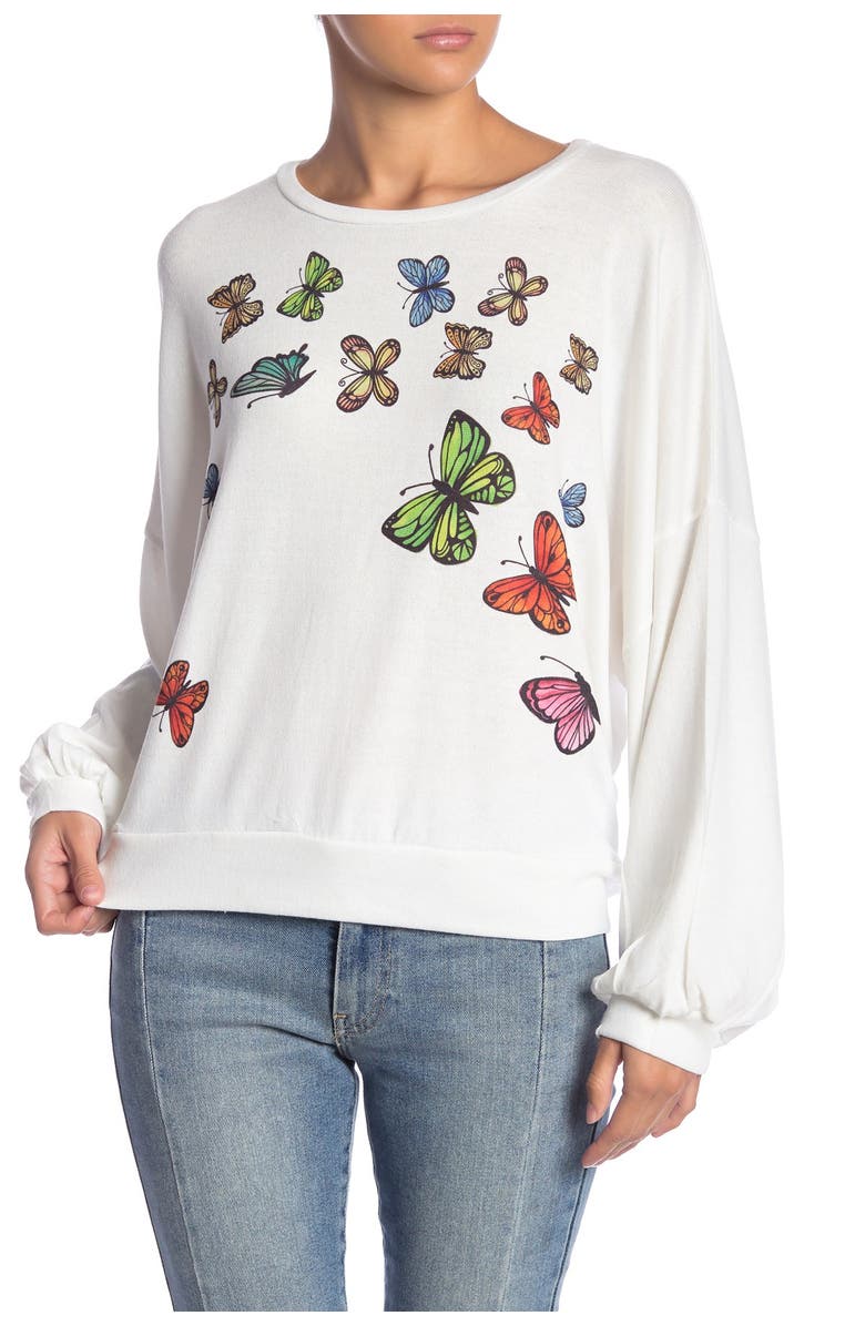 GO COUTURE Crewneck Dolman Balloon Sleeve Sweater, Main, color, Cartoon Butterflies