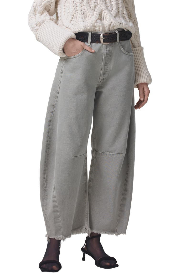 Horseshoe Raw Hem High Waist Crop Barrel Jeans, Main, color, CINDER