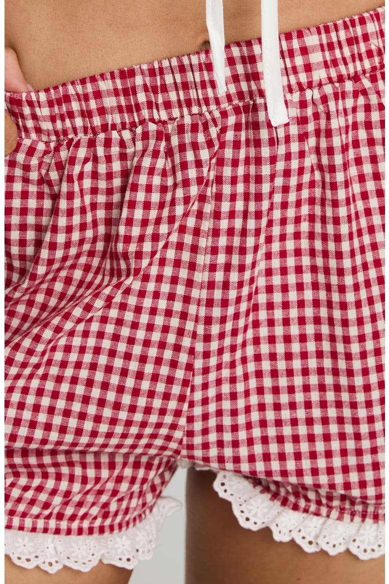 Bruncheon Check Lace Trim Shorts, Alternate, color, RED/ WHITE
