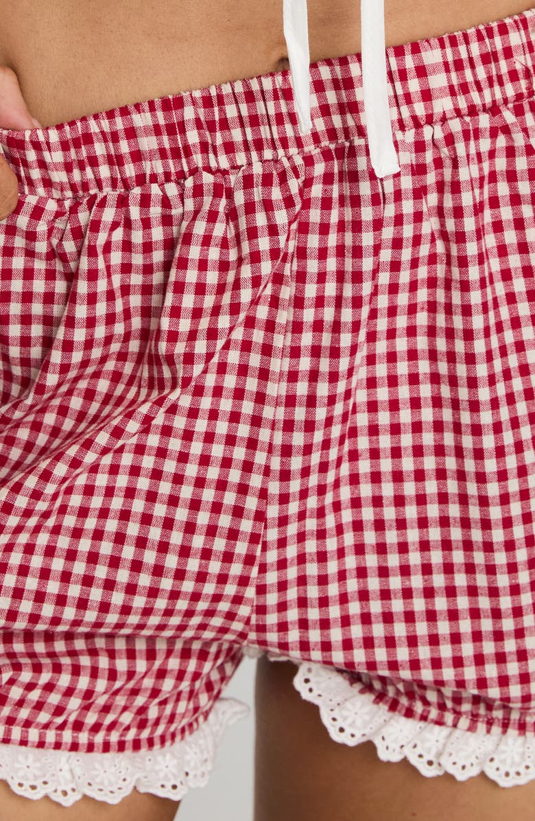 Princess Polly Bruncheon Check Lace Trim Shorts, Alternate, color, Red/ White