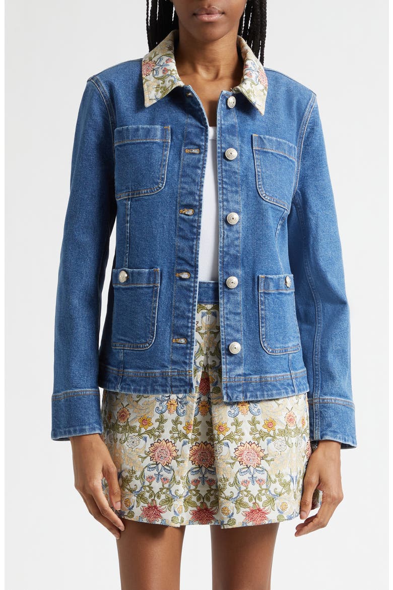 Dalton Floral Collar Stretch Denim Jacket, Main, color, SAPHIR MULTI