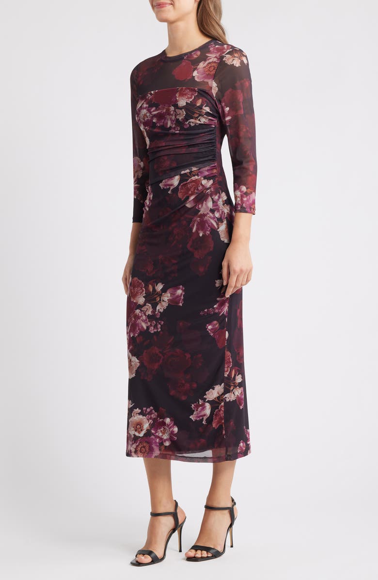 Anne Klein Ruched Long Sleeve Illusion Neck Midi Dress, Alternate, color, Midnight Chianti Multi