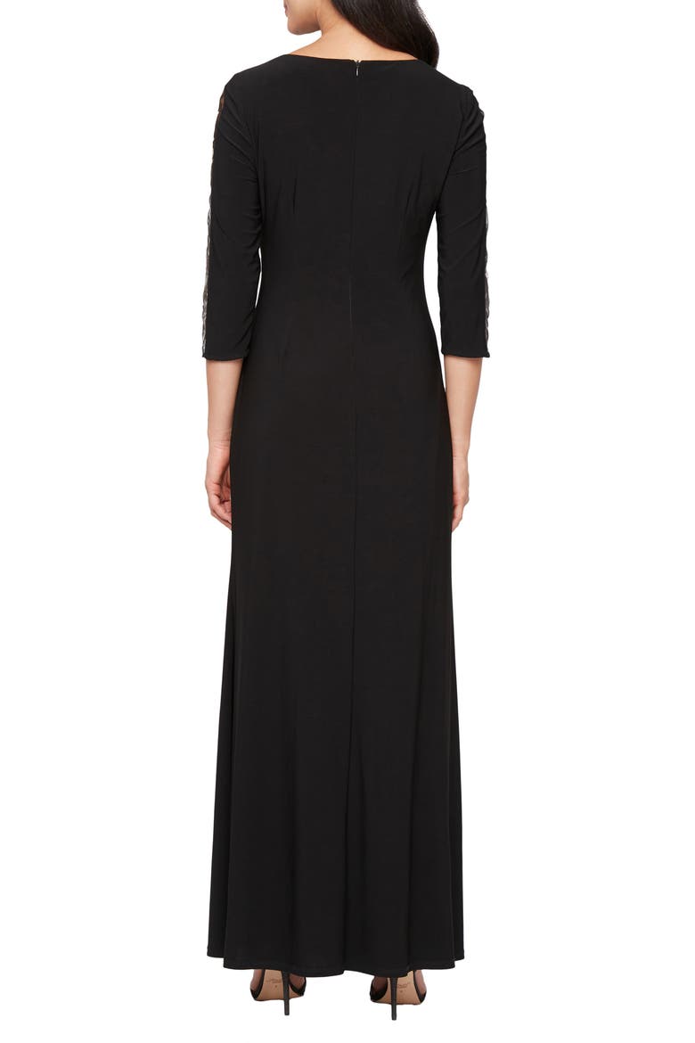 Embroidered Illusion Sleeve Jersey Gown, Alternate, color, BLACK IVORY