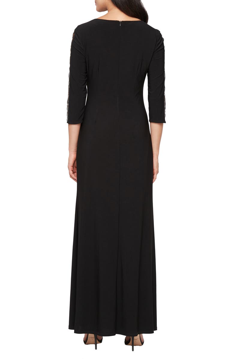 SL FASHIONS Embroidered Illusion Sleeve Jersey Gown, Alternate, color, Black Ivory