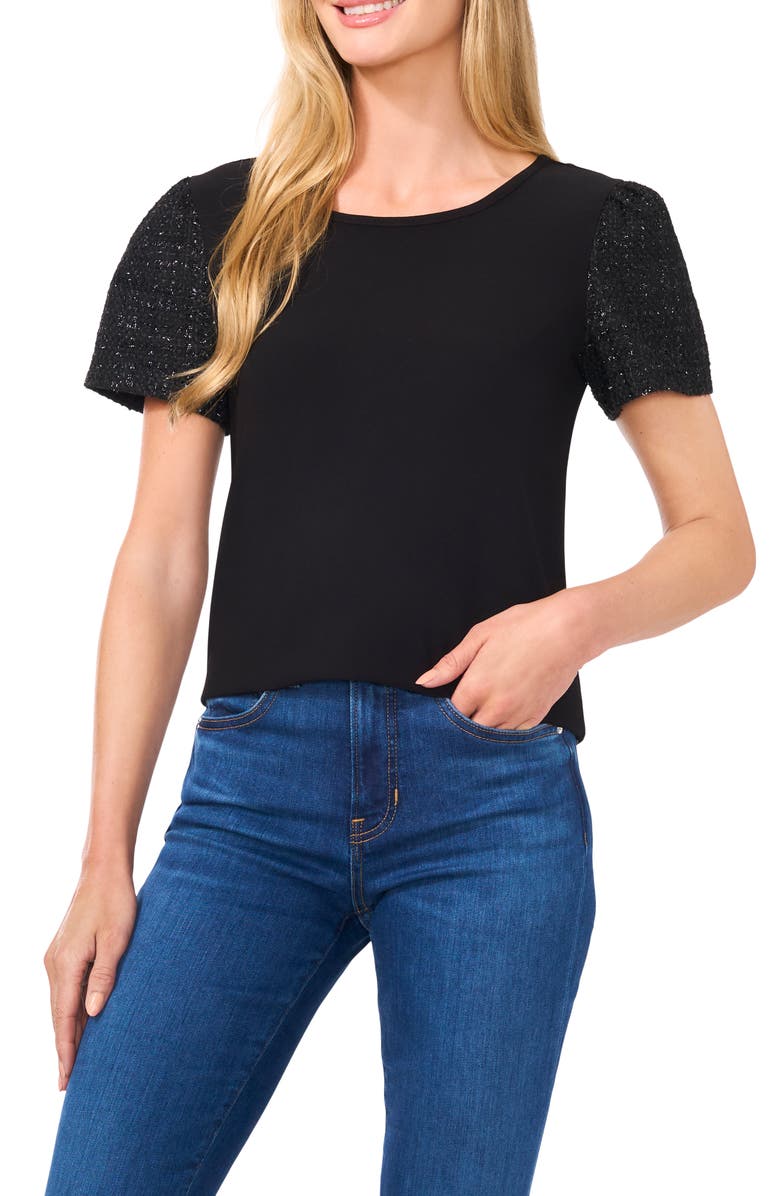 CeCe Mixed Media Tweed Sleeve Top, Main, color, 