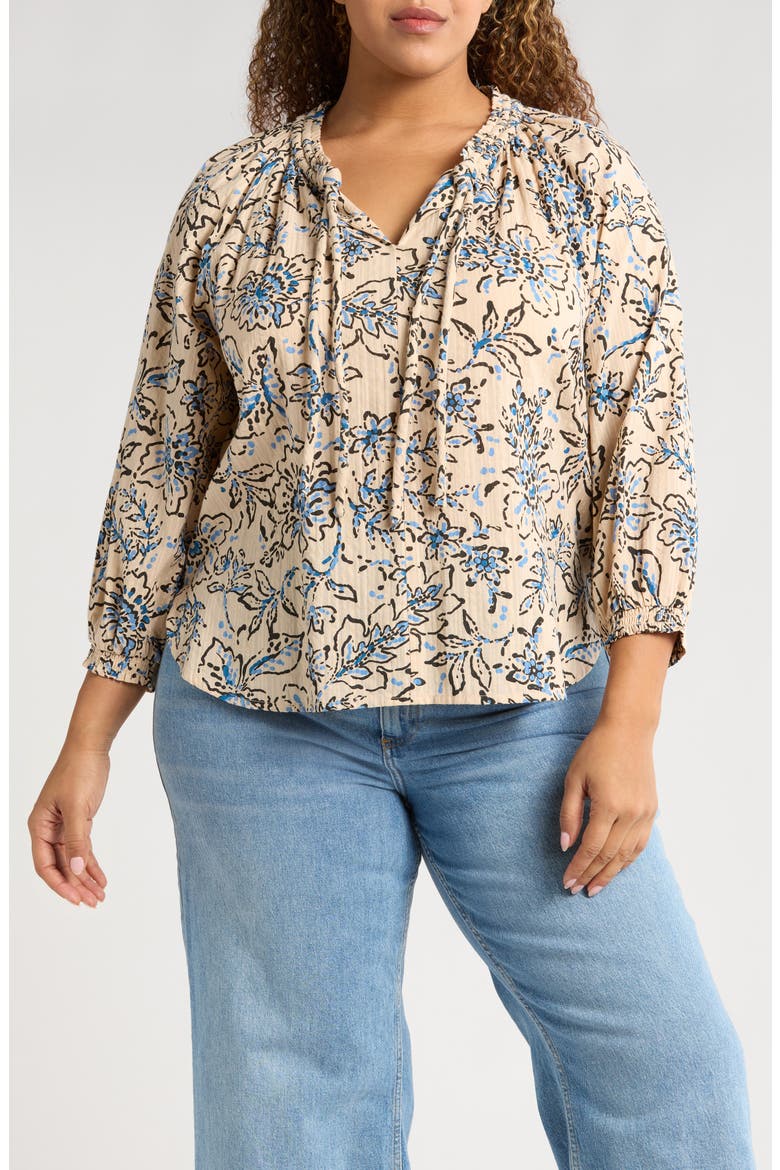 Floral Cotton Peasant Top, Main, color, STONE/ BLUE CRUSH MULTI