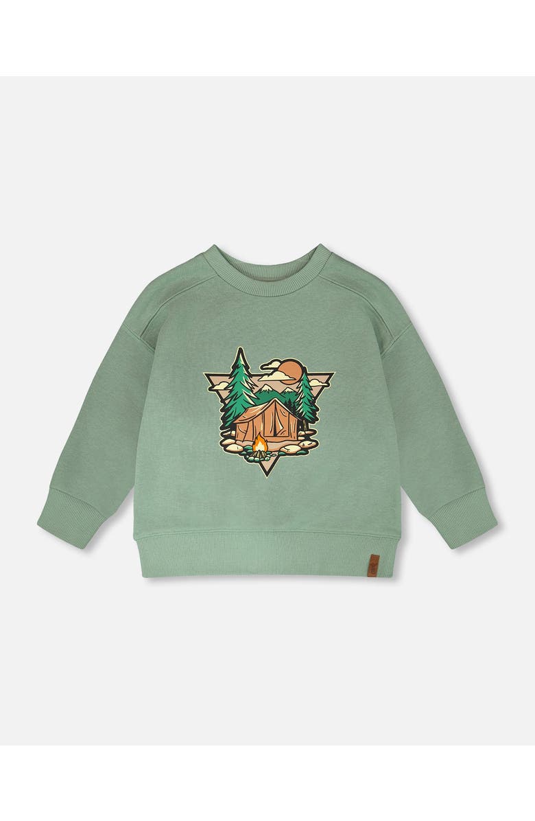 Deux par Deux Long Sleeve Graphic Mountain French Terry Sweatshirt, Main, color, Light Green