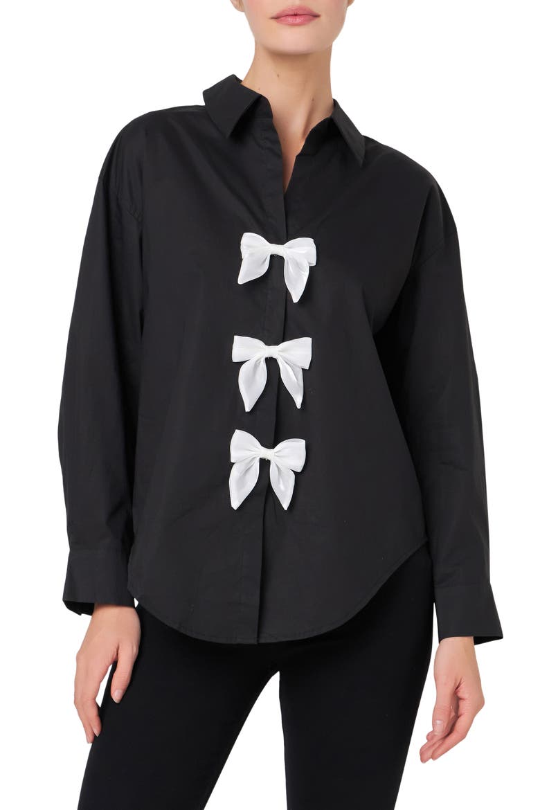 Bow Poplin Button-Up Shirt, Main, color, BLACK