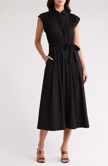 Mila Mae Sleeveless Tie Waist Midi Shirtdress In Black