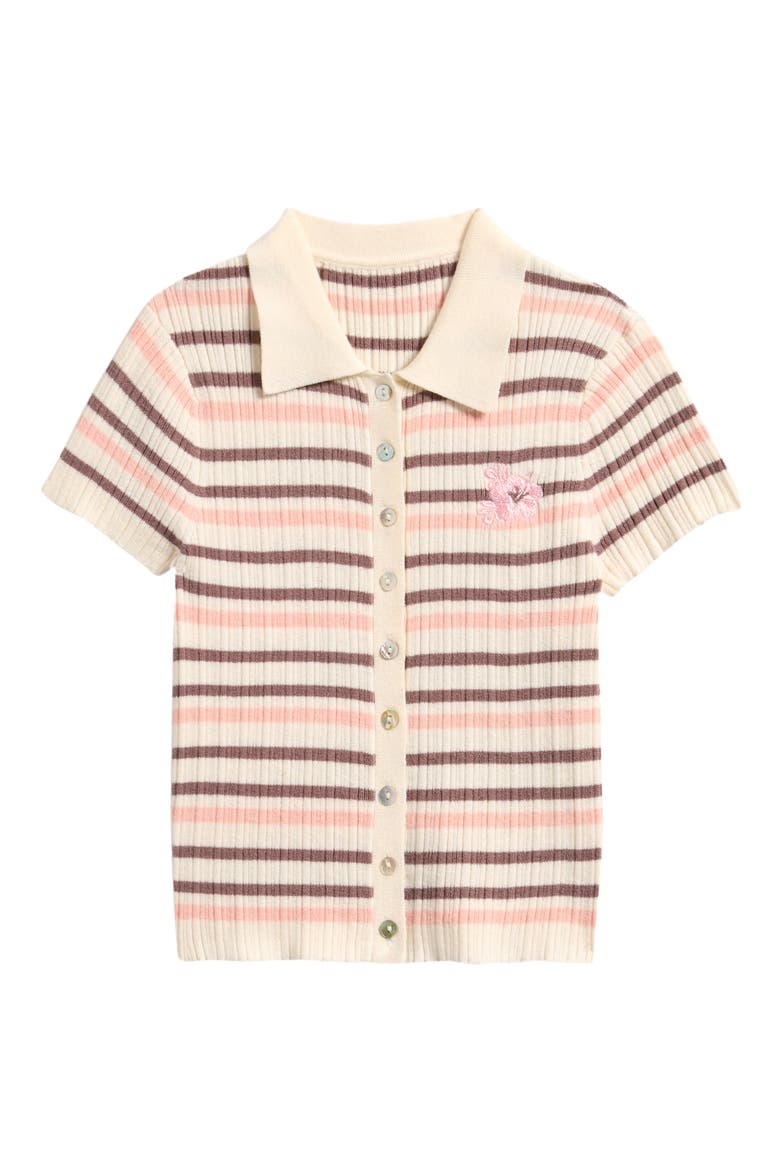 Kids' Embroidered Short Sleeve Polo Sweater, Main, color, BROWN PINK HIBISCUS
