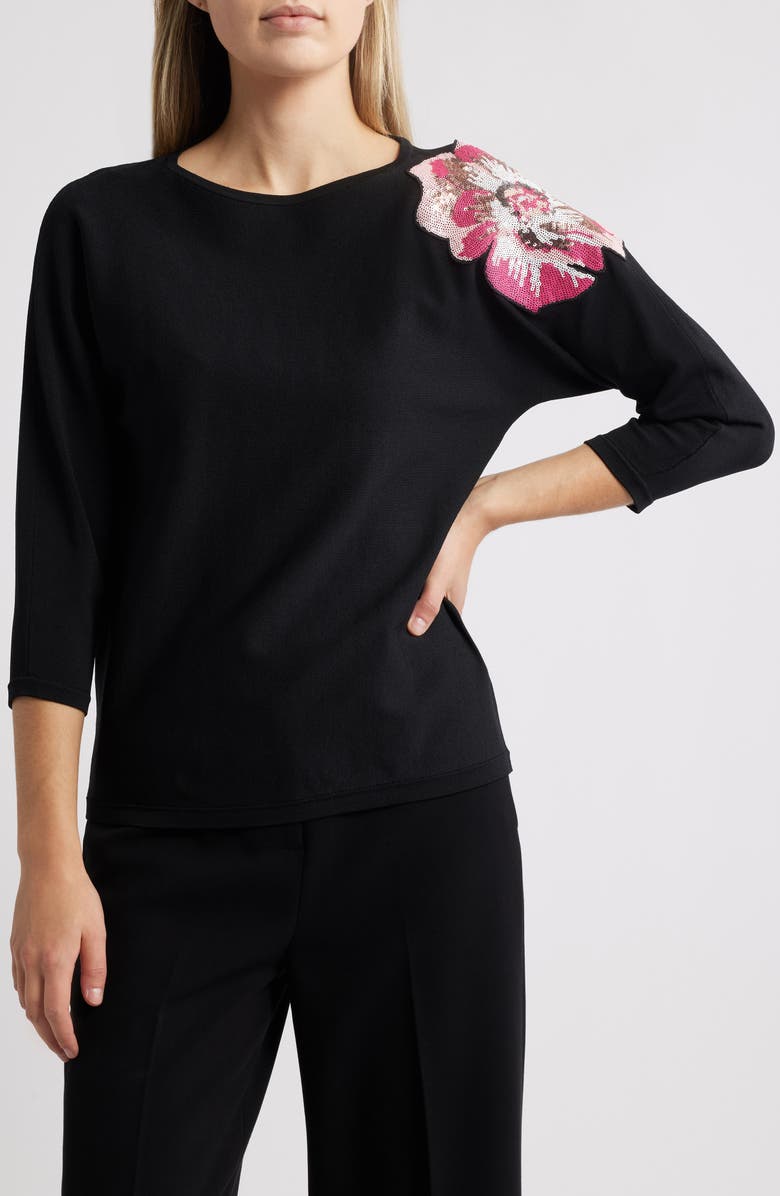 Anne Klein Floral Sequin Embellished Boat Neck Sweater, Main, color, 