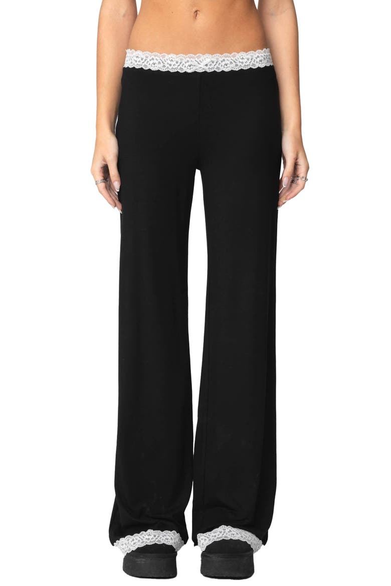 Domino Contrast Lace Trim Wide Leg Pants, Main, color, BLACK