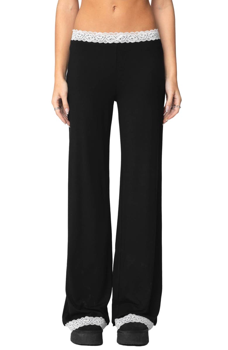 EDIKTED Domino Contrast Lace Trim Wide Leg Pants, Main, color, Black