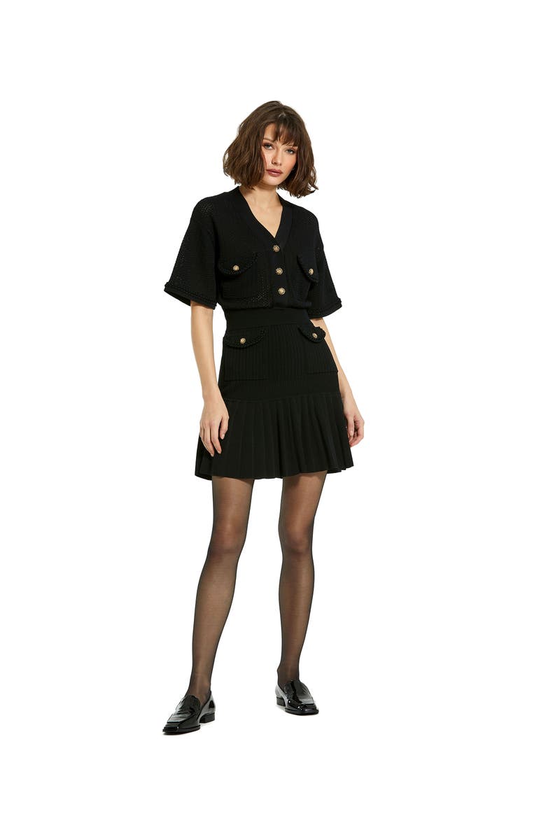 Mac Duggal Short Sleeve Pleated Hem Detail Button Up Sweater Dress, Alternate, color, Black