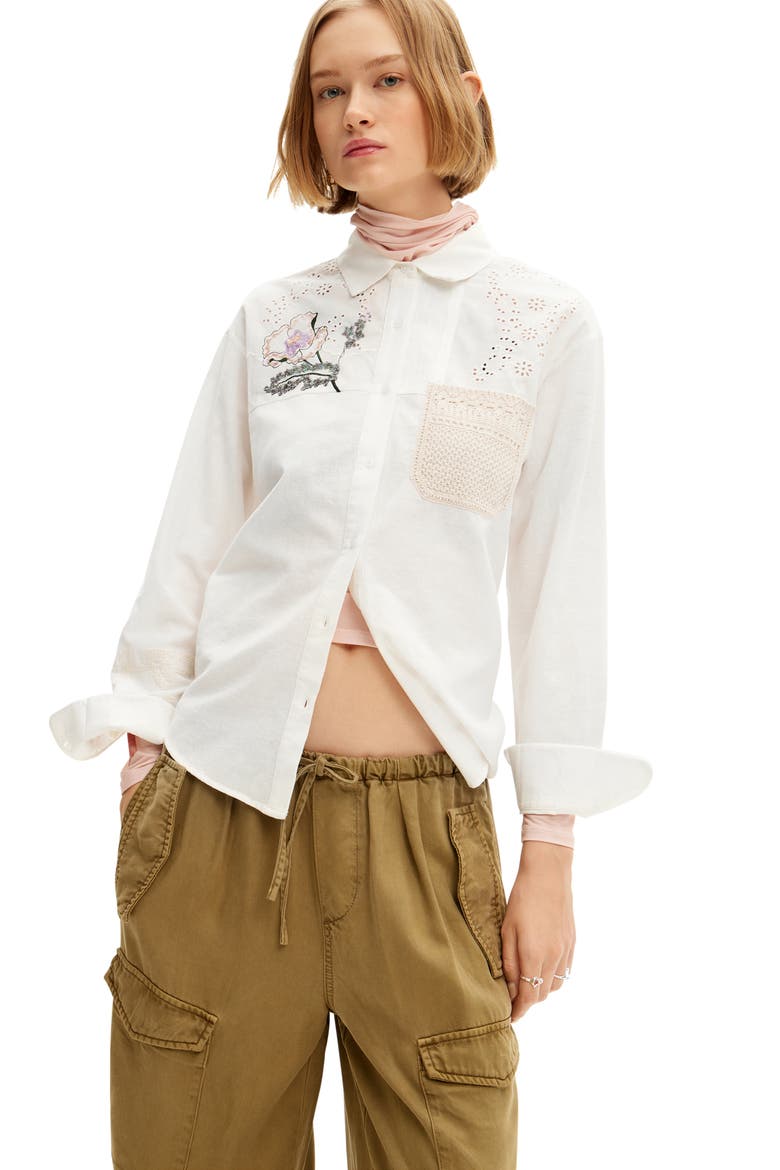 Crochet Cotton & Linen Shirt, Alternate, color, WHITE