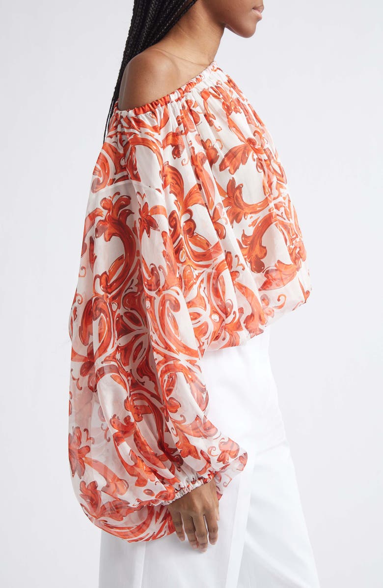 Dolce&Gabbana Majolica Print Off the Shoulder Chiffon Top, Alternate, color, S9000 Variante Abbinata