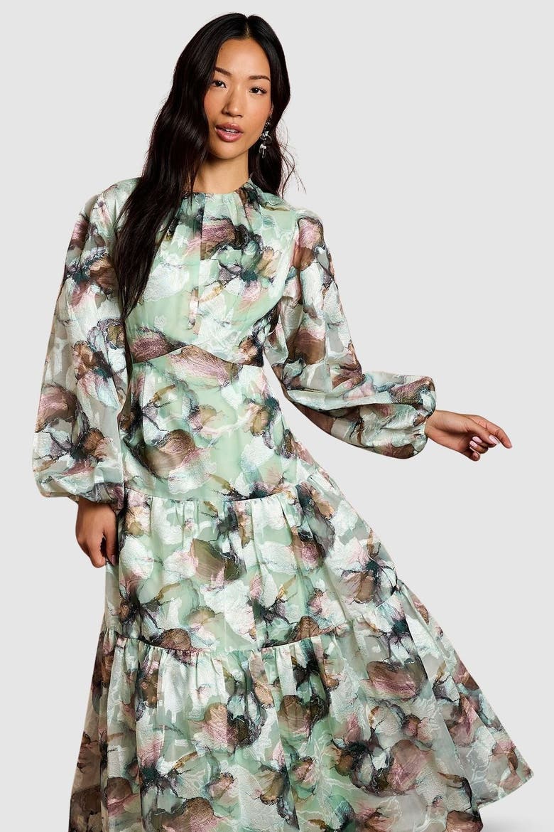 Puff Sleeve Jacquard Midaxi Dress, Alternate, color, Sage